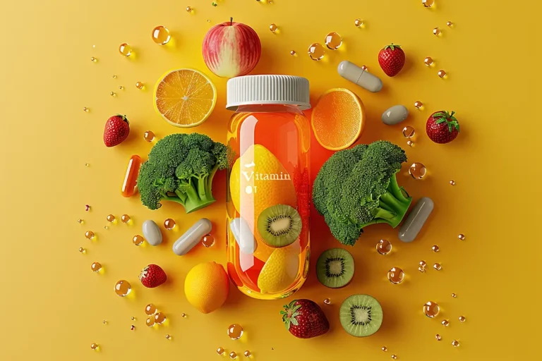 Vitamin C concept with fruits vegetables and pills