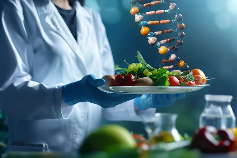 Nutritionist lab technician with nutrients and DNA