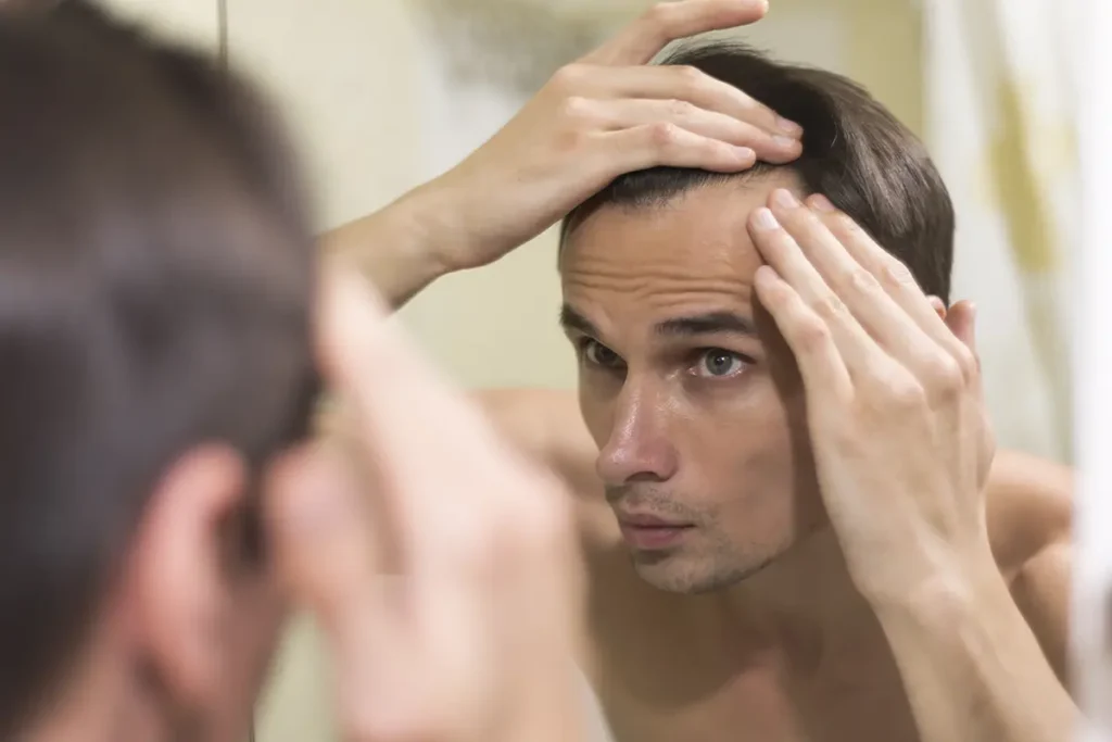 Close up of a man checking hairline