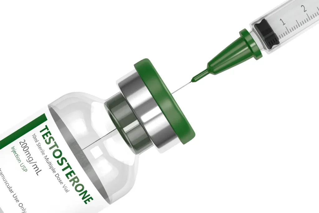 Testosterone medication vial with syringe inserted into the stopper