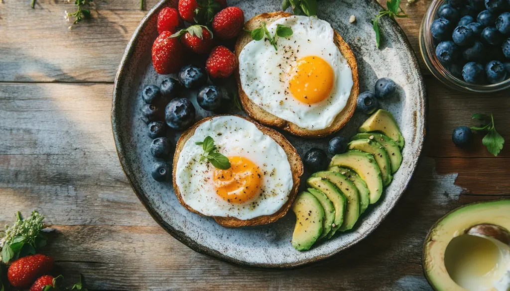 Plate of breakfast with fried eggs, avocado, strawberries, and blueberries on a wooden table