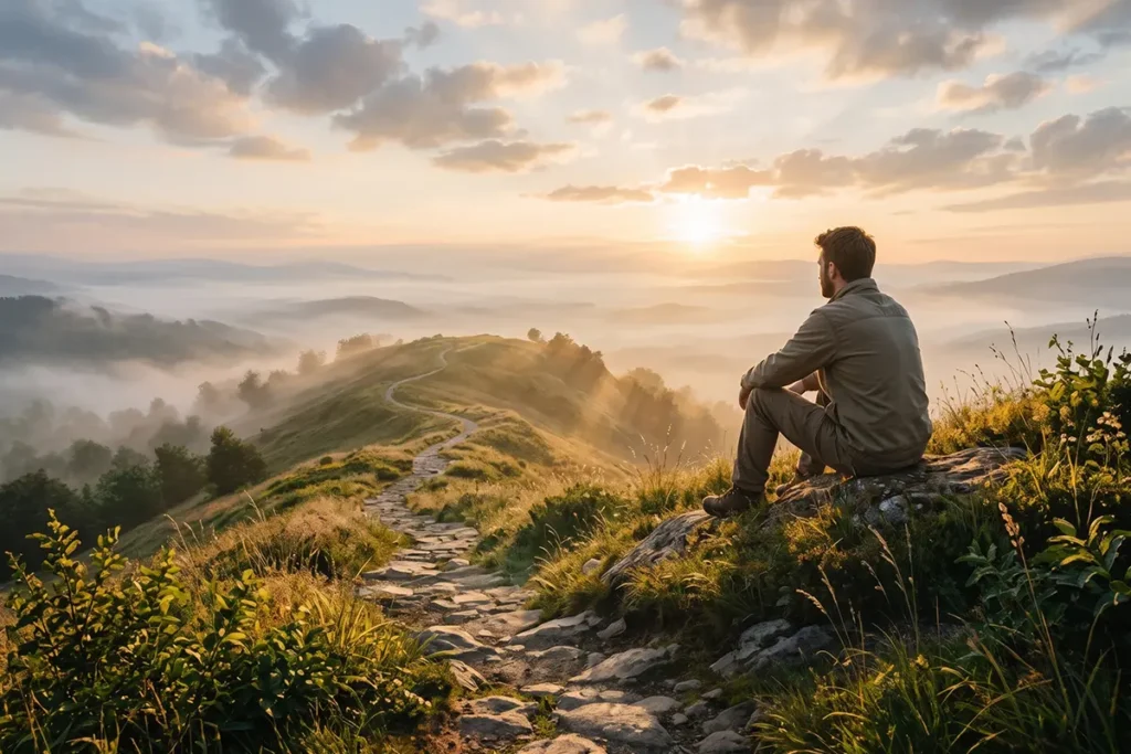 Man sitting on a hill looking at the foggy sun