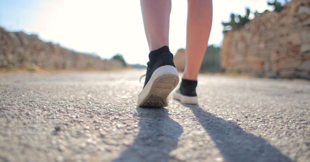A person walks on a sunny rural road wearing sneakers, casting a long shadow. — amble